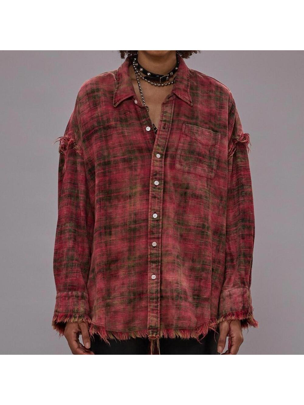 NWT~R13 Shredded Seam Drop Neck Shirt in Bleached Out Red Plaid Size S